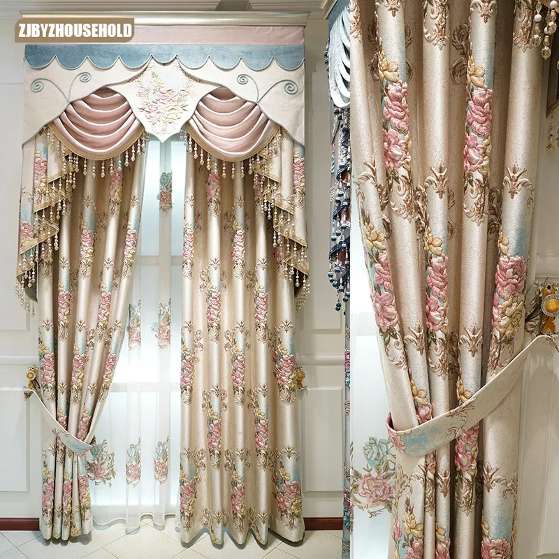 European Style Embroidered Luxury Curtains for Living Room Bedroom 3D Floral Pink Curtains High Precision Window Tulle Customize