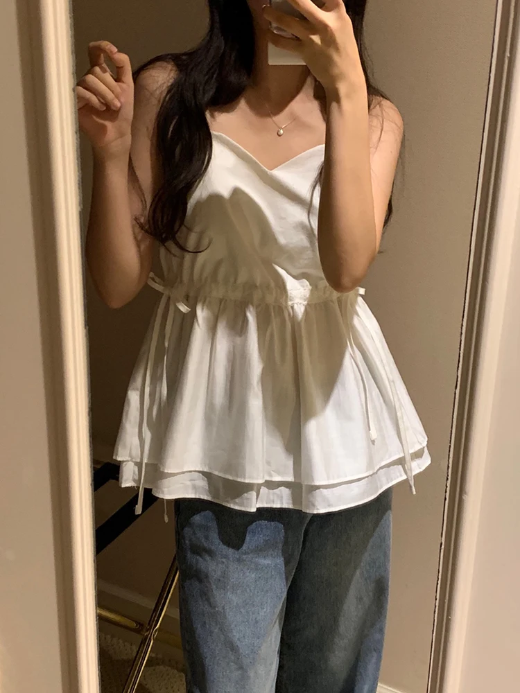 한국식 스윗 웨이스트 시닝 스트랩 베스트 여성 이너웨어 탱크탑 2025년 봄 V넥 이중 레이어 밑단 디자인 센스탑
