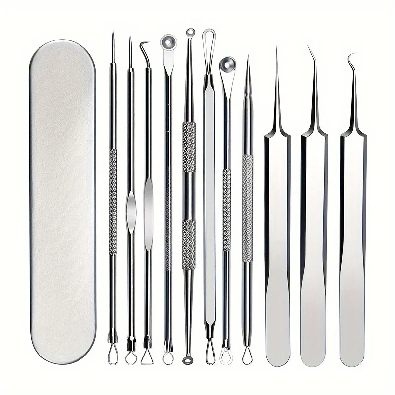 11pcs Stainless Steel Blackhead Remover Pimple Squeezer Tool Set Storage Box, Blackhead Remover Blemish Facial Skin Care Tools