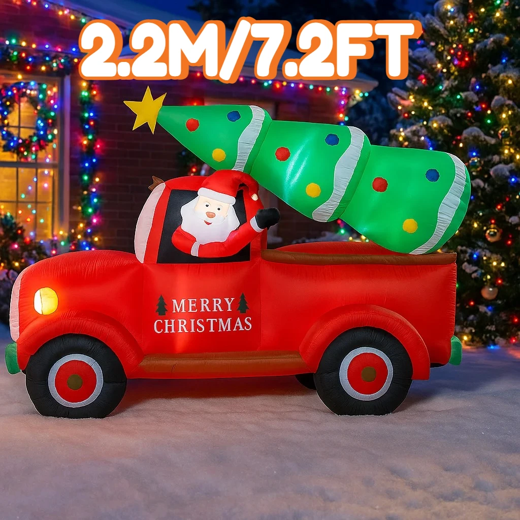 2.2M/7.2FT Inflatable Santa in Red Truck with Tree Light LED Home Holiday Lighting Decor Xmas Supplies Outdoor Inflatable Decor