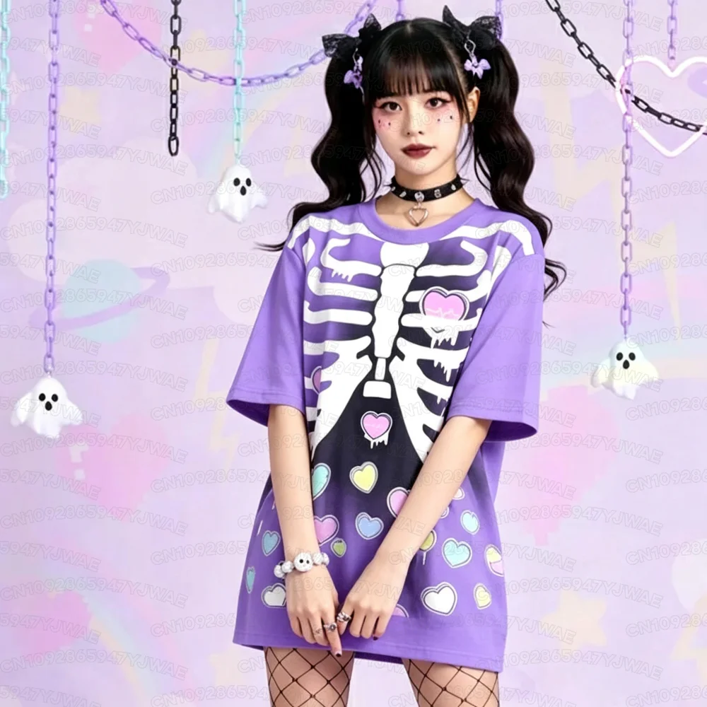 Summer Women's Gothic Hip Hop Yami Kawaii Y2K Skull Street Style Short Sleeve T-shirt Halloween Creepy Cute Skeleton Top