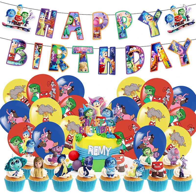 New Disney Inside Out Birthday Party Decorations Anime Periphery Balloon Banner Little Cake Toppers Baby Shower Theme Party