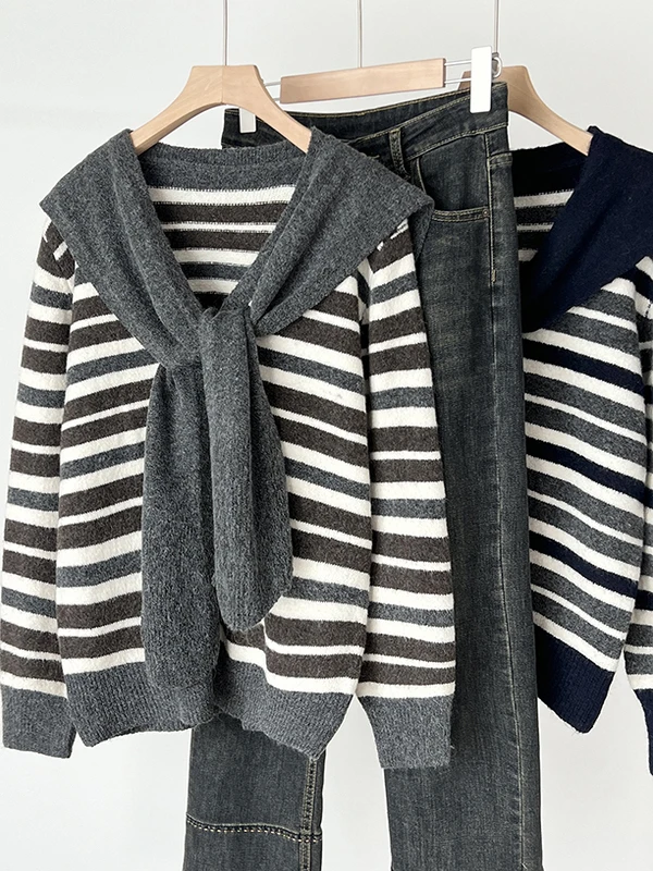 

Preppy Sle Color Blo Knitted ort Cardigan Women's Outerwear Trendy Autumn New Arrival oulder Wrap Striped Sweater