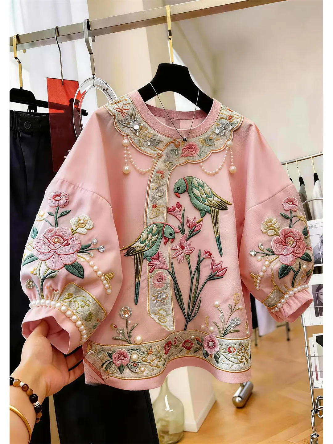Elegant Fashion Top Korean Style Casual Loose Fit Beaded Luxury Women's T-shirt Autumn Season Seven Sleeve Ladieswear
