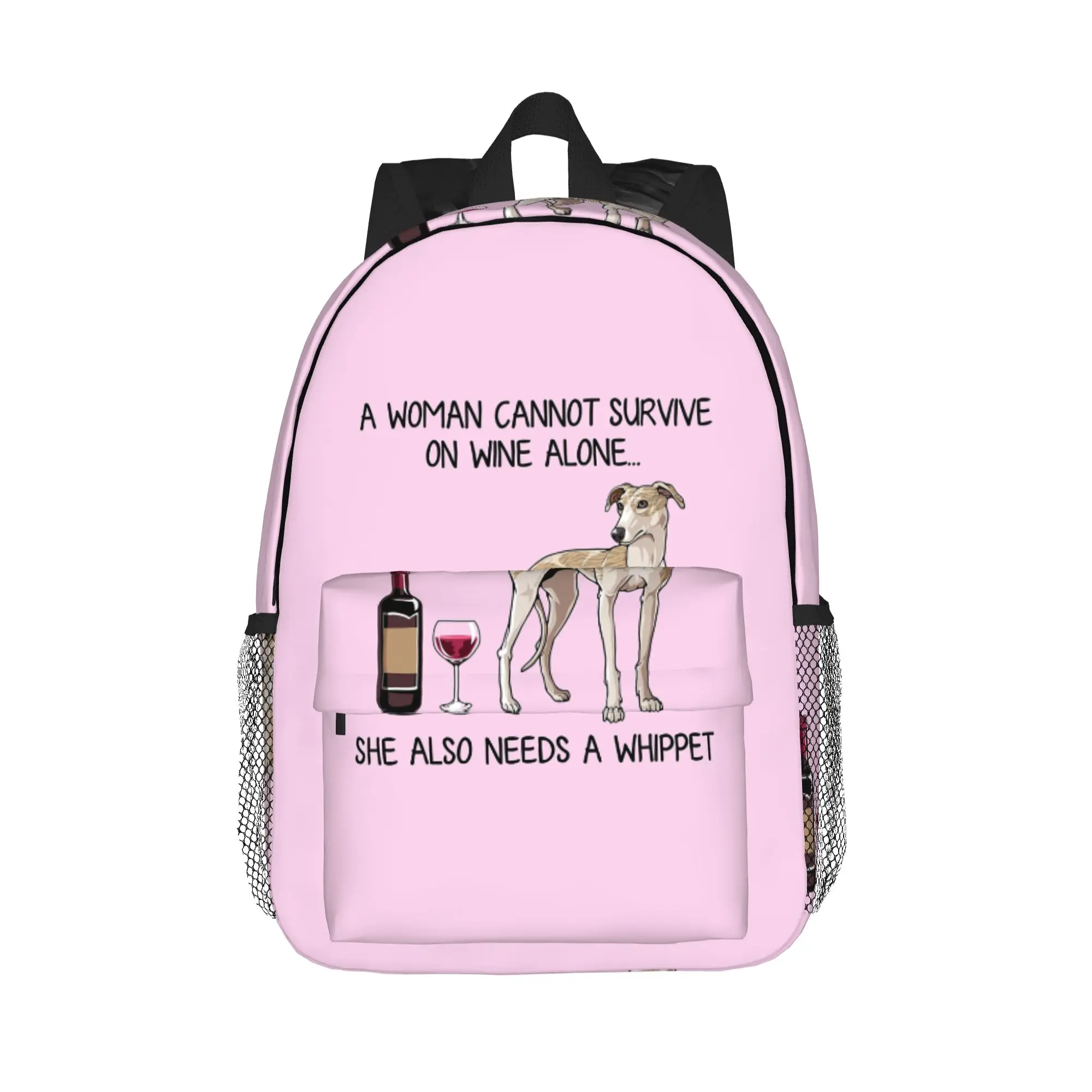 Whippet dog and wine Funny gift for dog mom Backpack Hot Sale Daypack Boys Girls BookBag Shoulder Bags for Men Women School Bag