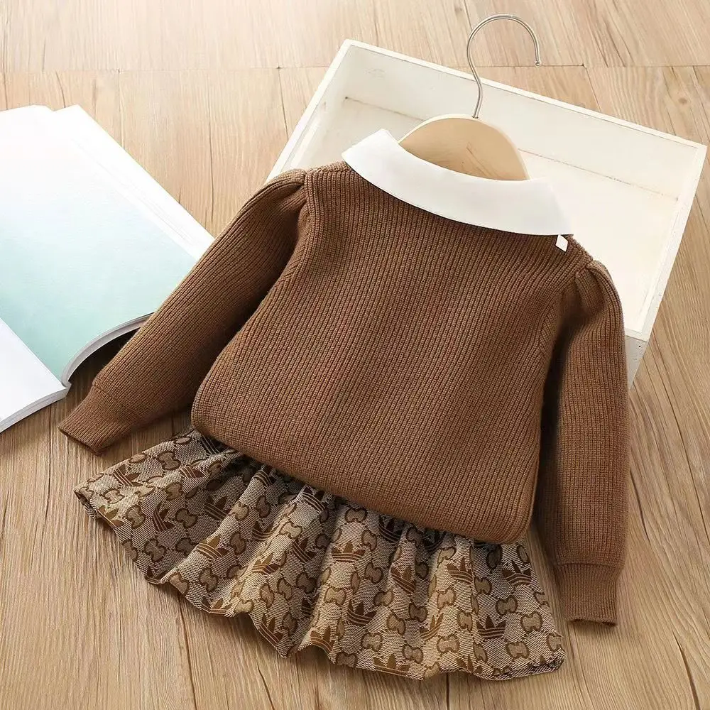 Girls Spring And Autumn Suit 2023 New Girls Princess Dress Children\'s Fashionable Knitted Sweater Two Piece Set Kids Outfits