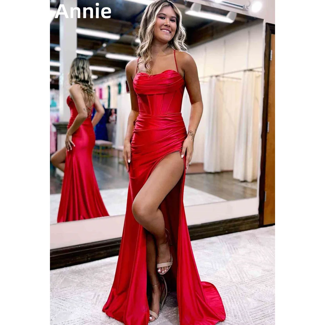 Annie-vestidos De graduación rojos para mujer, traje Sexy De satén con abertura lateral De sirena para ocasiones especiales, vestidos De noche para fiesta De boda