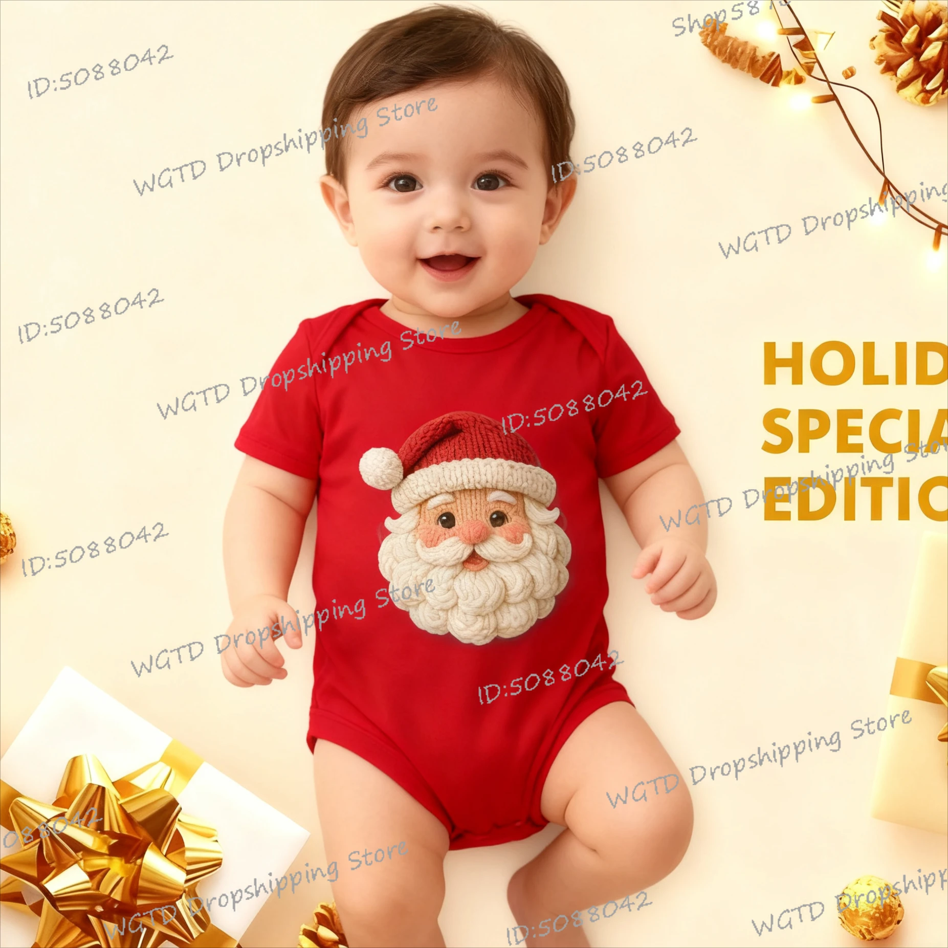 

Crochet Style Print Santa Claus Christmas Newborn Bodysuit Short Sleeve Romper Infant Baptism Outfits Toddler Xmas Party Clothes