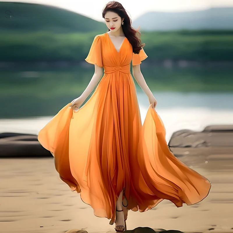 Summer New Chiffon Short-Sleeved Orange Tight Waist Slimming Expansion Skirt Seaside Vacation Beach Dress