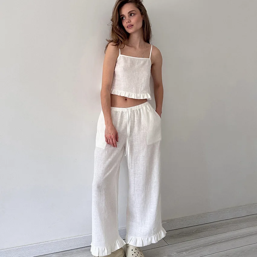 Women's Summer Casual Linen Cotton 2-Piece Set Korean Ruffles Camisole Top with Elastic Waist Pants Homewear