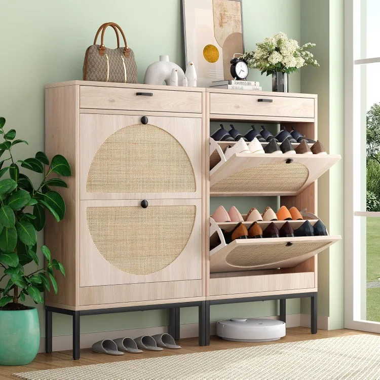 Shoe Rack Storage Organizer with 2 Natural Semi-Circular Rattan Doors, Entryway Wooden Shoe Cabinet for Sneakers