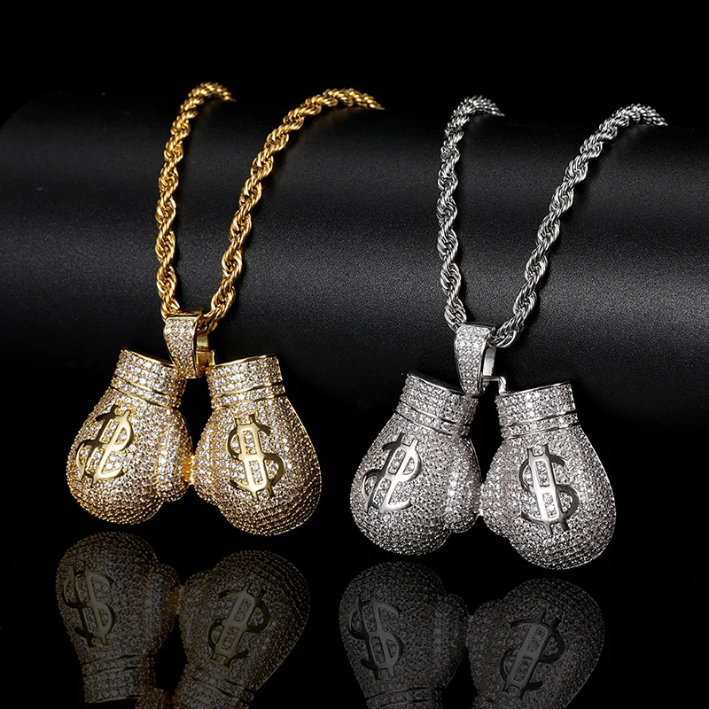 Hip Hop 3A+ CZ Stone Paved Bling Iced Out Boxing Glove Pendant Necklace for Men Rapper Jewelry Gold Silver Color