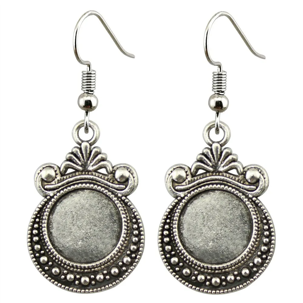 Fit 12mm Glass Cabochon Antique Silver Color Zinc Alloy Drop Earrings Hooks Earring Base Setting Earring Findings