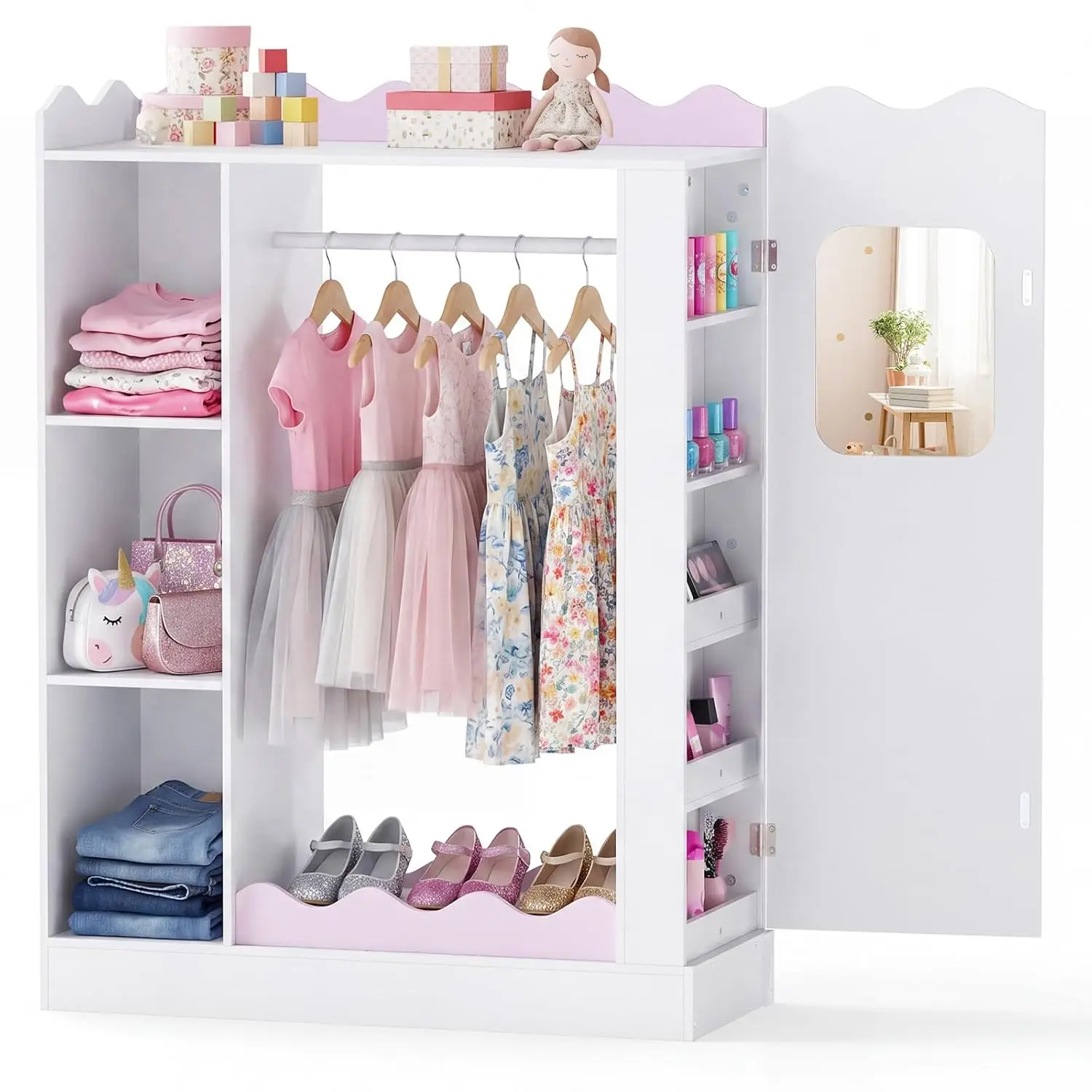 Storage Wardrobe with Mirror & Open Hanging Rack, Shelves Cabinet for Bedroom Playroom Preschool, Customized