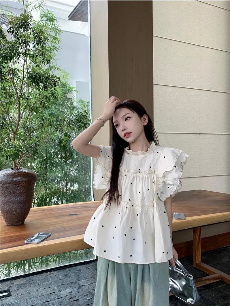 Simple Blouses Women Flying Sleeve Heart Printed Ruched Ruffles Korean Style Stylish Chic Ulzzang Loose Fit Tops Leisure Sweet