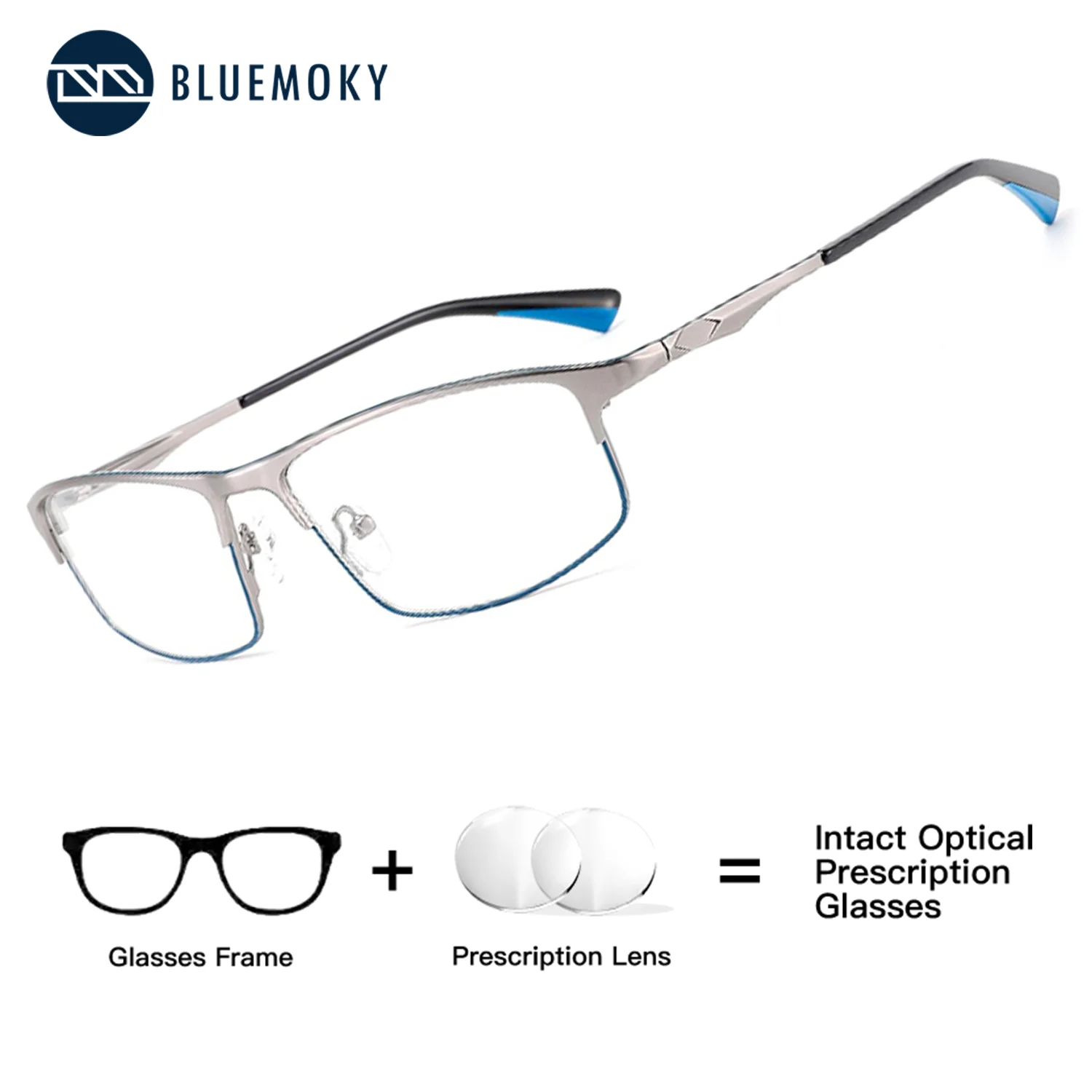 

BLUEMOKY High Quality Prescription Eyeglasses Men Square Metal Frame Durable Photochromic Blue Light Blocking