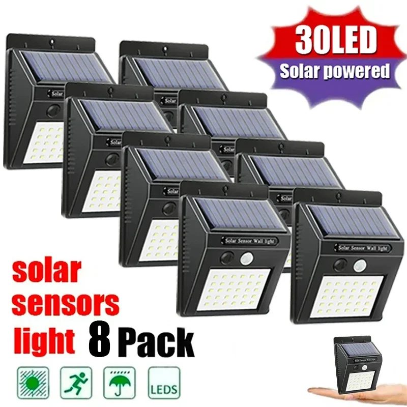 1-8 PCS 30 LED Solar Light Motion Sensor Wall Light Outdoor Solar Lamp Waterproof Solar Powered Street Lamp Garden Decorative