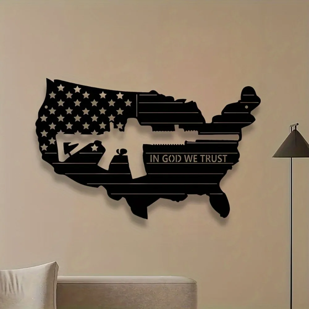 CIFBUY American Flag Map Metal Wall Art Iron Artwork Trust God Patriotic Theme Hanging Decor For Home Living Room Office Indoor