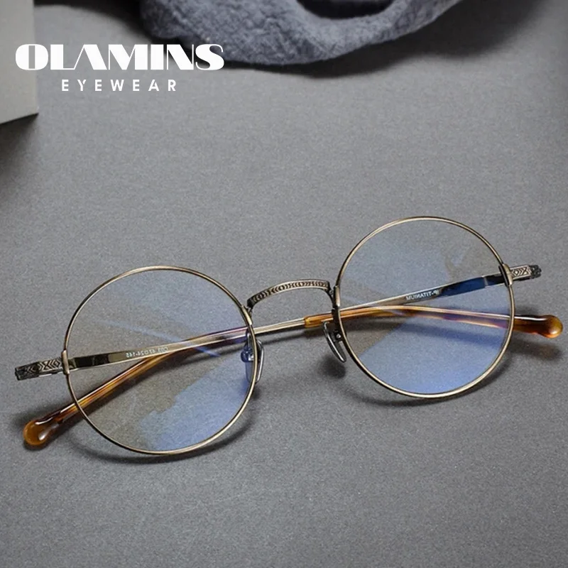 

OLAMINS Classic Metal Round Eyeglasses Anti Blue Ray Vintage Round Frame Spectacles Men's Round Metal Eyewear Retro Glasses