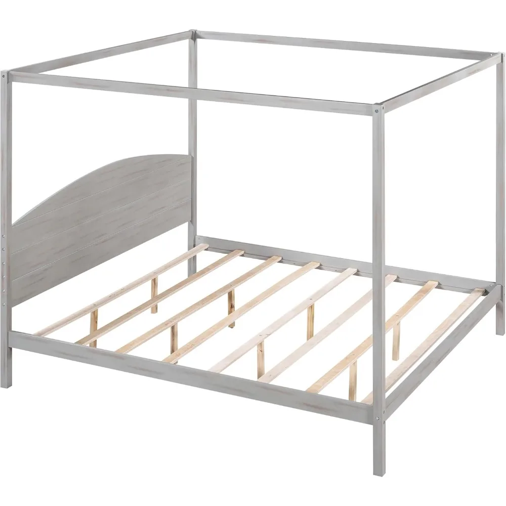 King Size Merax Wood Canopy Bed with Headboard, 8 Support Legs, Textured Classic Design, Squeak Resistant, No Box Spring Needed