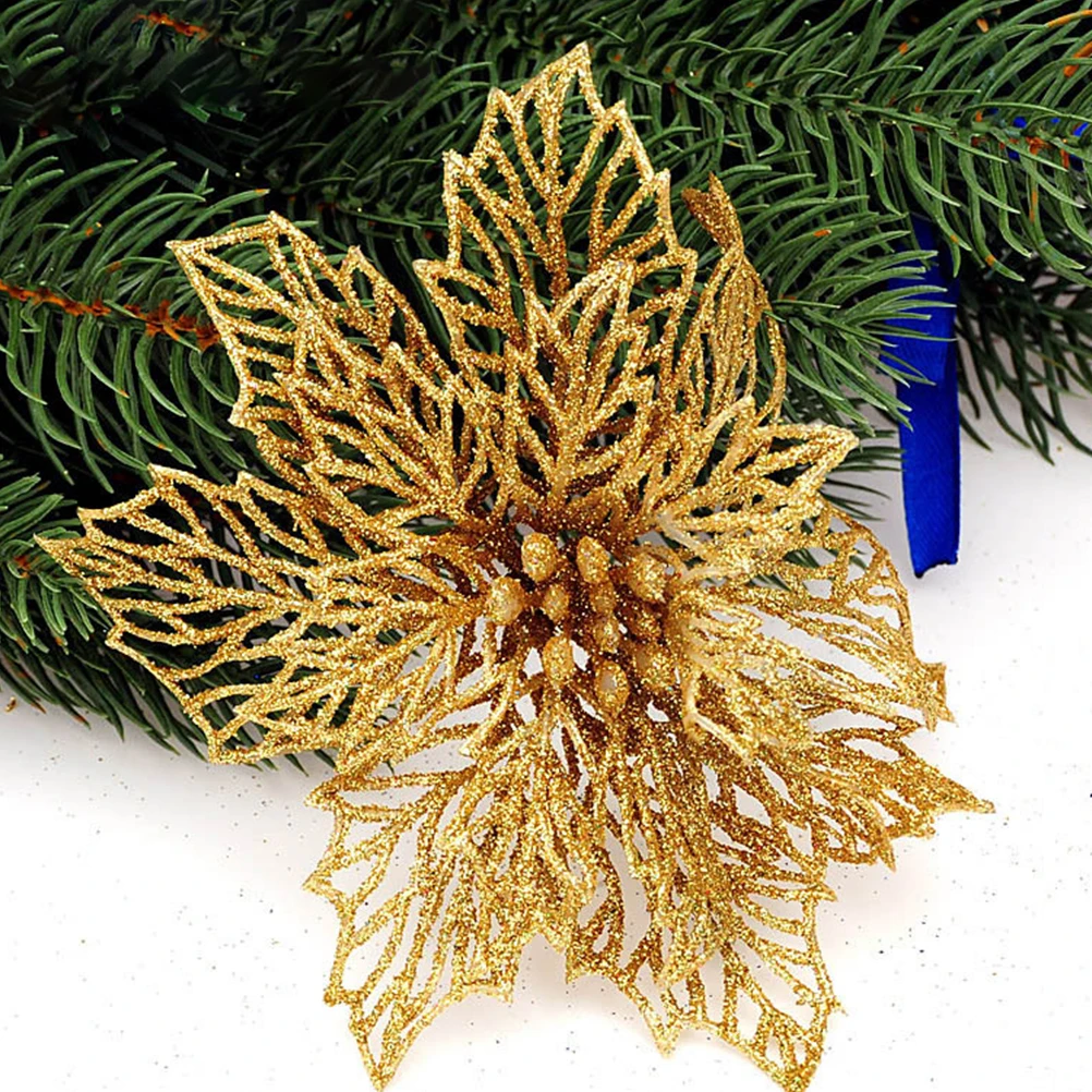 

12Pcs Christmas Glitter Flower Pendants Artificial Flower Ornament Festival Decor Xmas Tree Wall Hanging Accessories