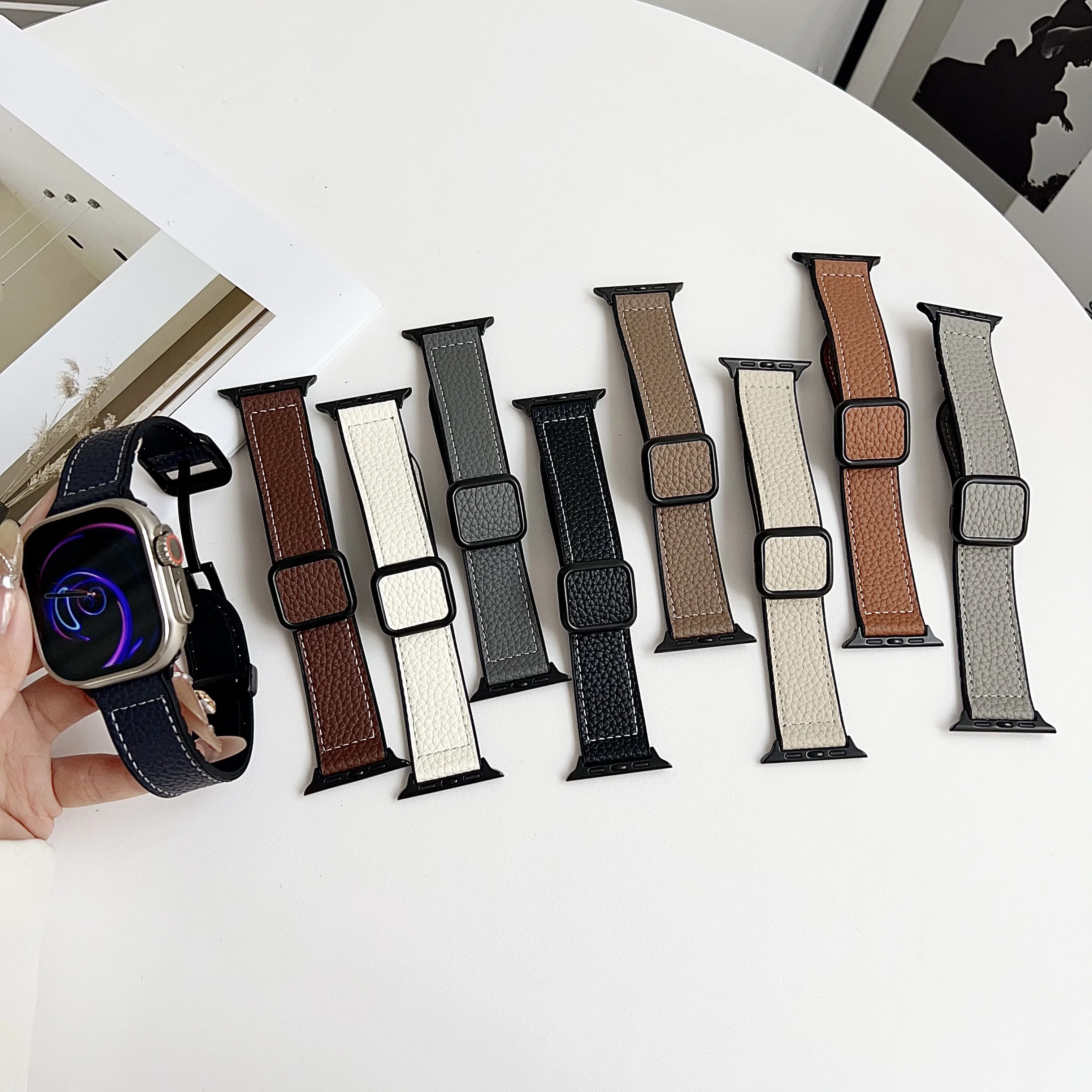 Lychee pattern silicone leather foldable square buckle Watch Band for Apple Watch Band Series 12 11 10 9 8 7 SE Bracelet Ultra2