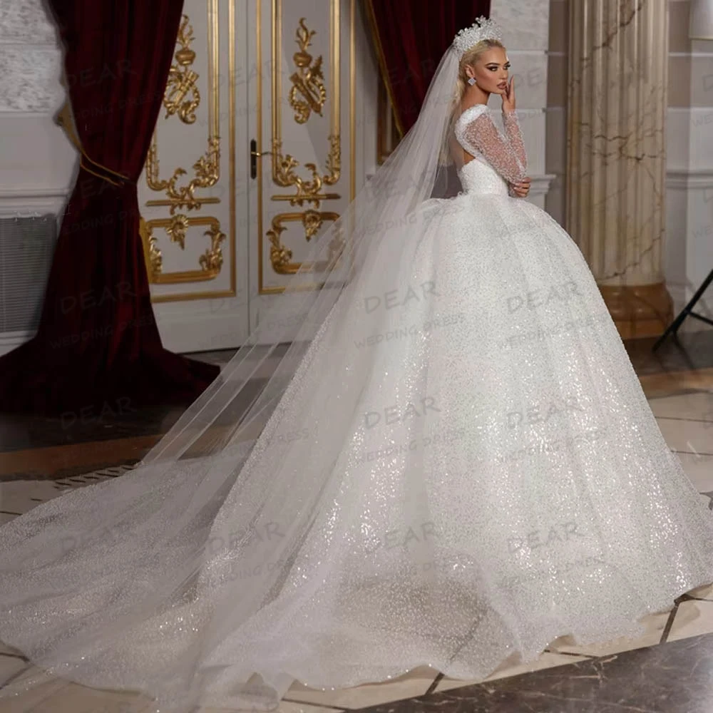 Exquisite Shiny Wedding Dresses Sexy Sequined A Line Women's Bridal Ball Gowns Long Sleeve Customized Vestidos De Novia Formal