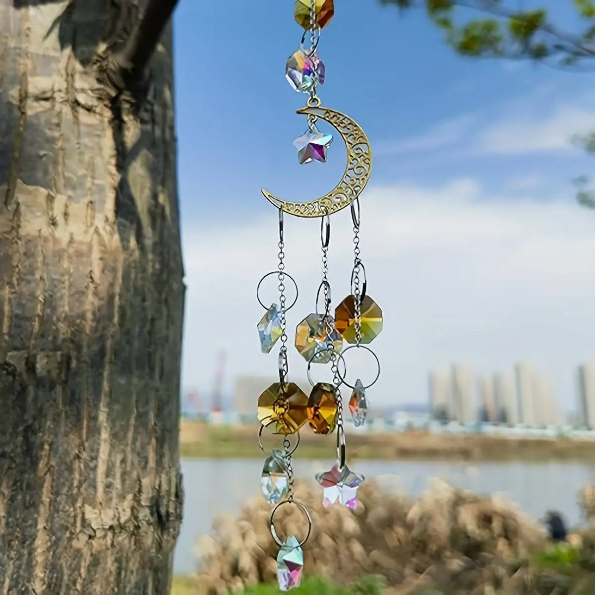 Moon & Star Crystal Suncatcher, AB Color Faceted Crystal Wall Hanging, Rainbow Light Catcher for Window Decor