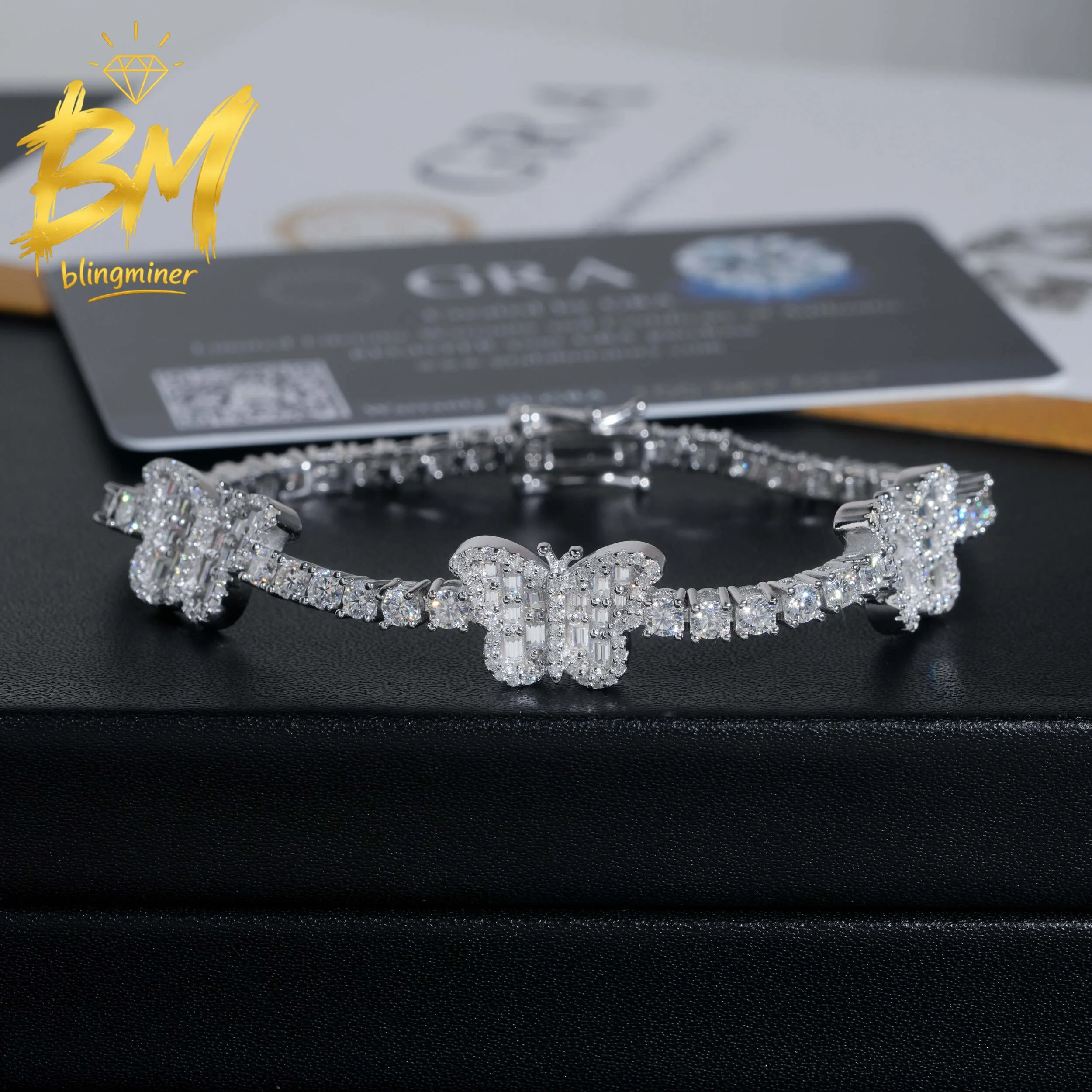 Blingminer 3mm Butterfly Baguette Moissanite Tennis Chain Bracelet Iced Out For Men Women S925 Silver Pass Diamonds Tester Free