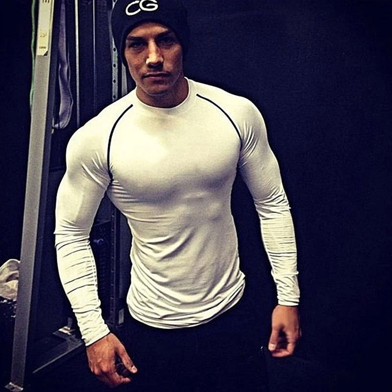 Men\'s Gym Fitness Compression Shirts Long Sleeve T-shirt Quick Dry Sweatshirt Man Bodybuilding Workout Tight Tees Casual Clothes