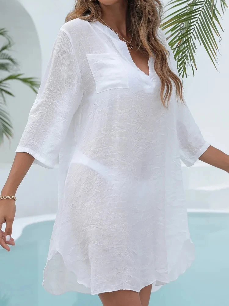 Vestido de playa de manga corta para mujer, traje de baño brasileño Sexy con cuello de pico, Bikini holgado, liso