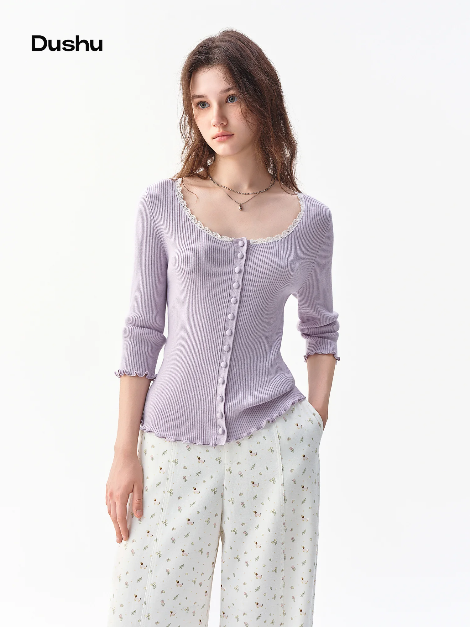 DUSHU 2026 Fall New Arrival Women Wool Blend Slim Fit Knit Top with Ruffle Trim Multi-Size Long Sleeve Commute Pullover Sweater