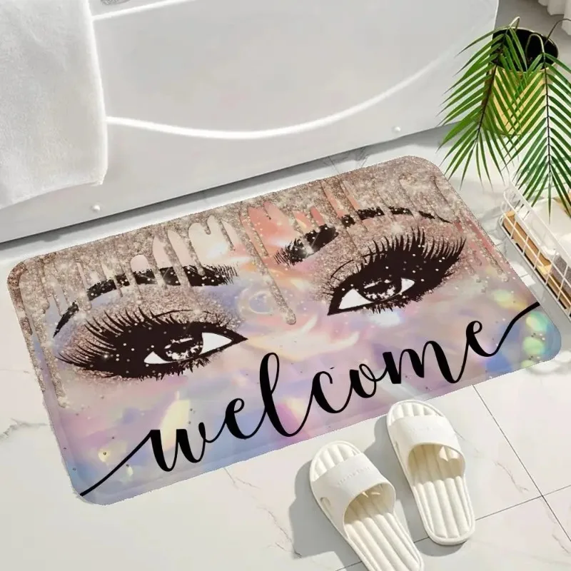 Rose Golden Glitter Eyelash Lashes Door Mat Washable Non-Slip Living Room Sofa Chairs Area Mat Kitchen Bedside Area Rugs Mat