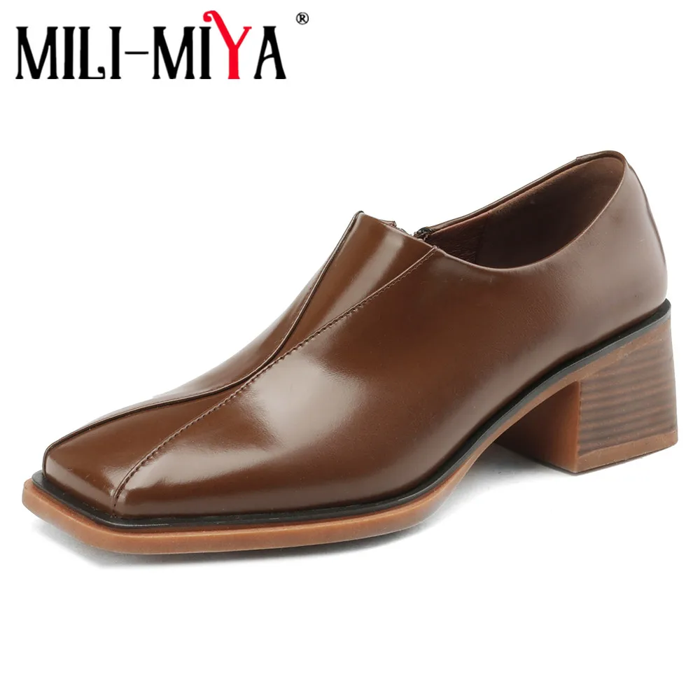 

MILI-MIYA Fashion Splicing Upper Women Cow Leather Pumps Square Toe Zippers Solid Color Thick Heels Office Career Shoes Handmade