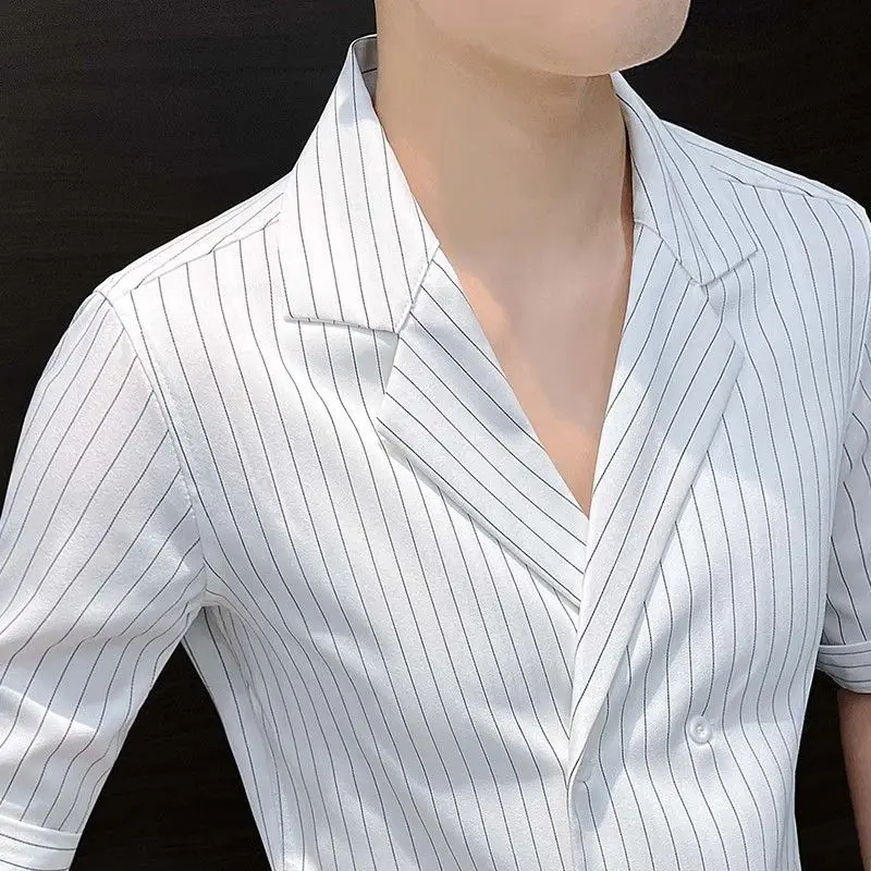 

3-A94 Men's summer 2024 new shirt pants casual suit two-piece striped Cuban cree-quarter short-sleeved shirt