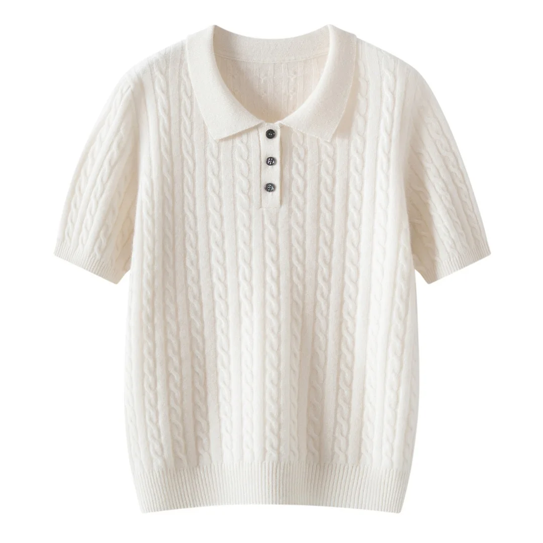 Women's 100% cashmere sweater short sleeve casual twist knit pullover T-shirt solid color loose Blouse Polo collar Tops fashion