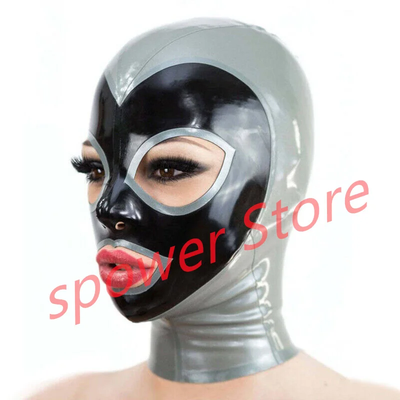 

Natural Latex Full Head Latex Hoods Rubber Mask Fetish Cosplay Costumes Red with White Trim Back Zip Club Wear