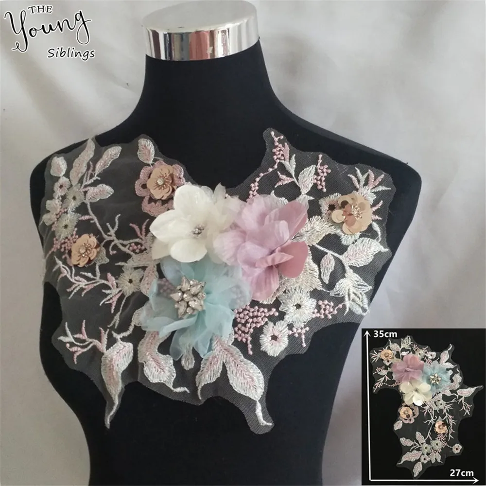 New arrive Lace Collar Sequin 3D Flowers Lace Neckline Embroidery Applique DIY Craft Clothing Wedding Dress Decorate Accessory