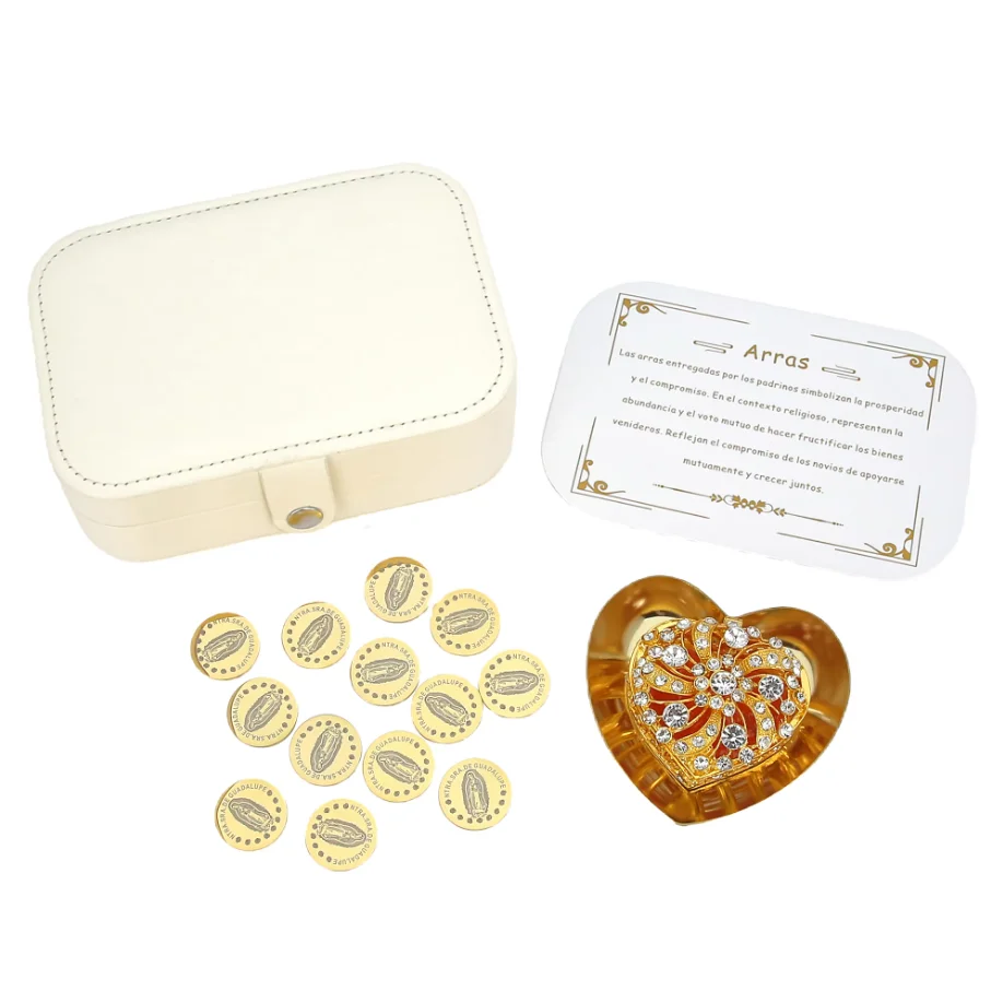 arras-de-mariage-personnalise-vierge-de-guadalupe-avec-boite-en-forme-de-cœur-en-cristal-boite-en-cuir-pu-et-plateau-en-forme-de-cœur