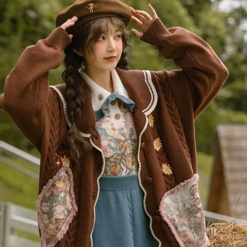 

England Style Retro Brown Fairycore Knitted Cardigan Women Autumn Winter Mori Girl Loose Casual Sweater Coat Y2k Top Outerwear