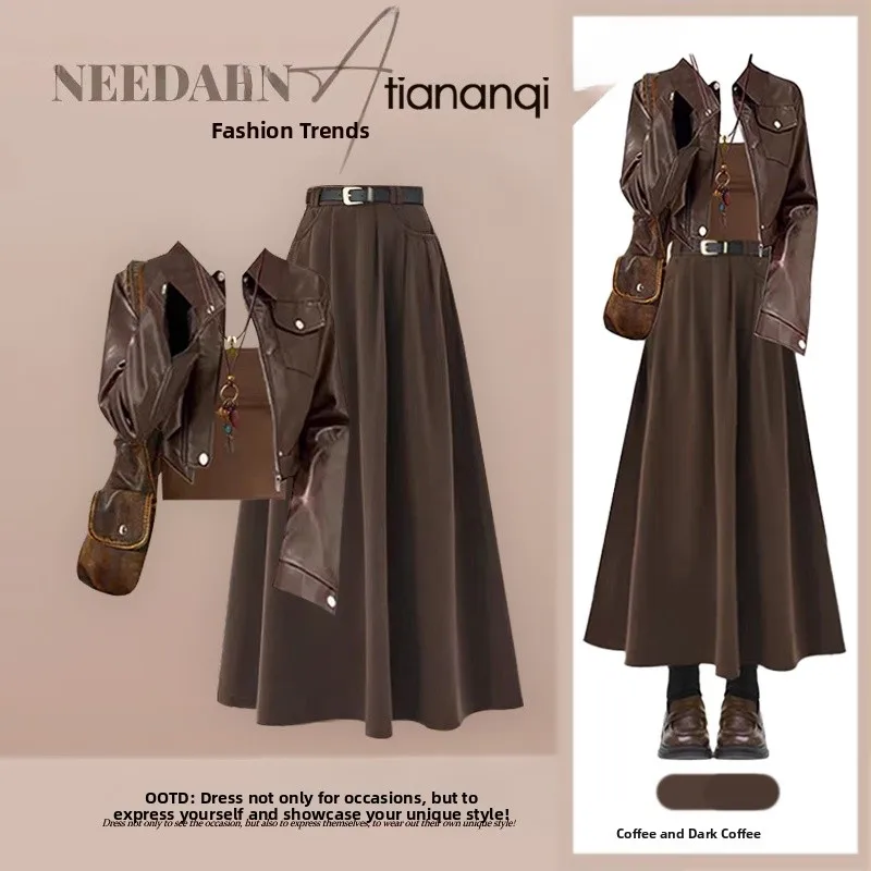 

Fall Advanced Feel Set Women's Mermaid Vintage Leather Jacket Strap High Waist Slimming Skirt Three-piece Set Casual Style