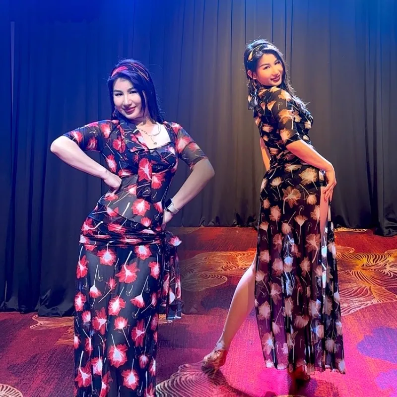 

Customized Bellydance Costume Practice Robe 5Pcs Printed Dress Mid-Sleeve Dress Robe Headscarf Tube Top Waist Scarf Safety Pants