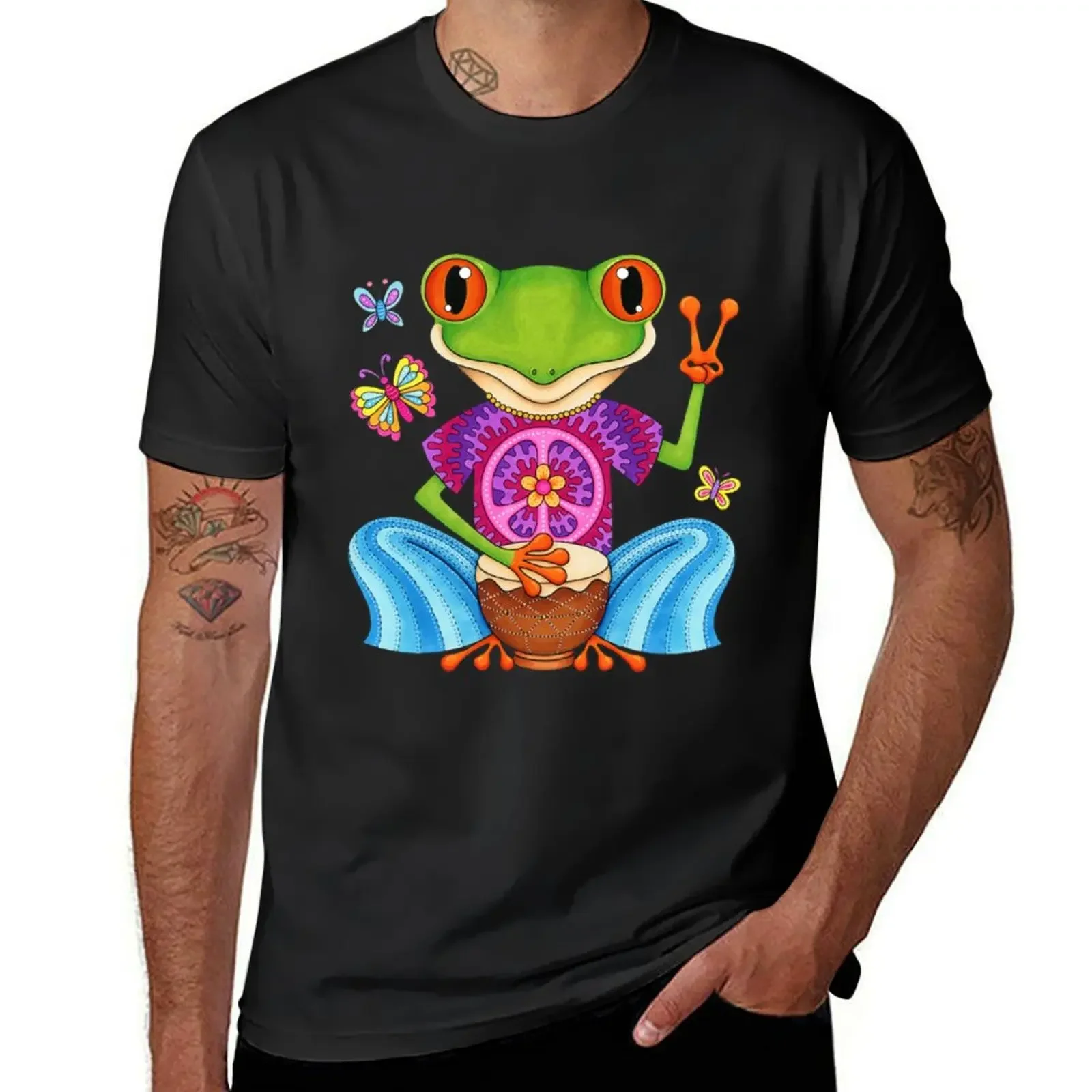 Peace Frog - Colorful Hippie Frog Art by Thaneeya McArdle T-Shirt blacks cute tops man t shirt men t shirt