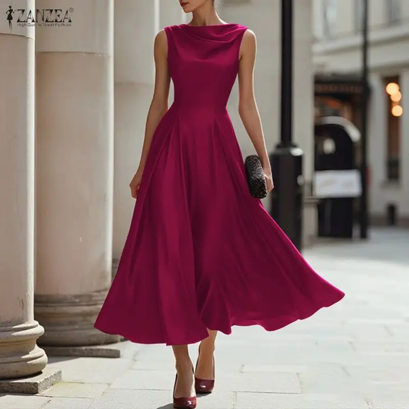 Elegantes Swing-Neck-Partykleid 2026 ZANZEA Stilvolles Damen-Satinkleid Sommer Ärmelloses Büro-Arbeitskleid Einfarbiges A-Linien-Kleid