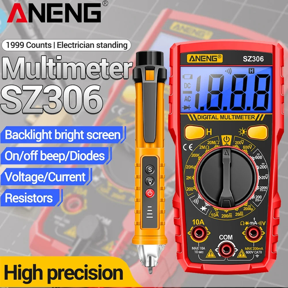 

Цифровой мультиметр ANENG SZ306+VD802 с подсветкой экрана, тестер напряжения AC/DC, детектор напряжения, профессиональные инструменты для электриков