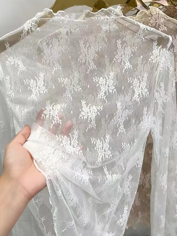 Women's Lace Hollow out Long Sleeve Base Shirt Autumn Winter New Style Half High Collar Overhead Top Inner Wear Outer Wear