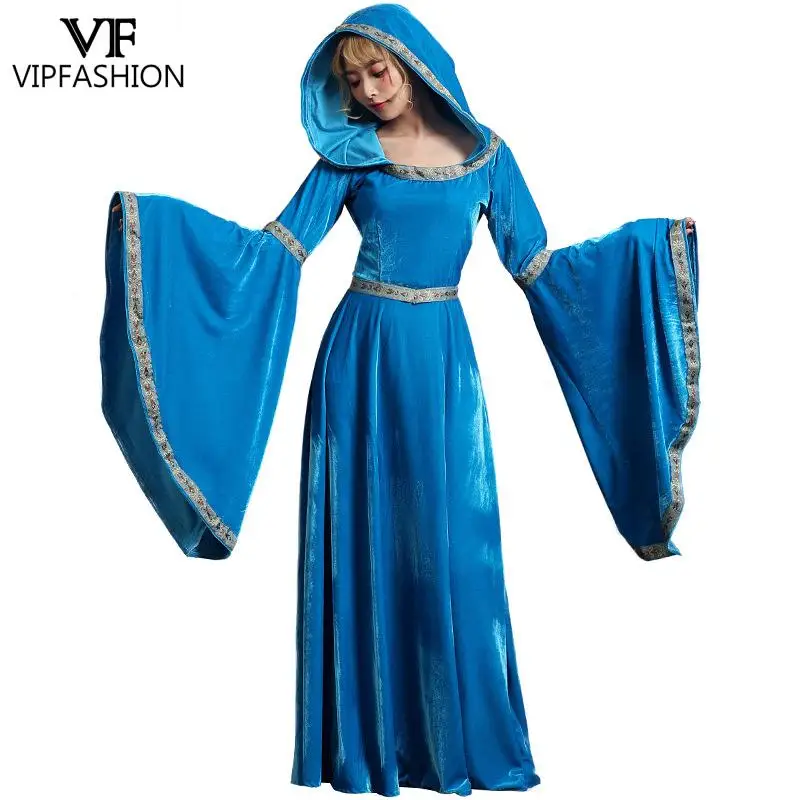 

VIP FASHION Женское средневековое бархатное платье с капюшоном, костюм для косплея в стиле Ренессанс, розовое, синее, для карнавальных тематических вечеринок, наряд для выступлений