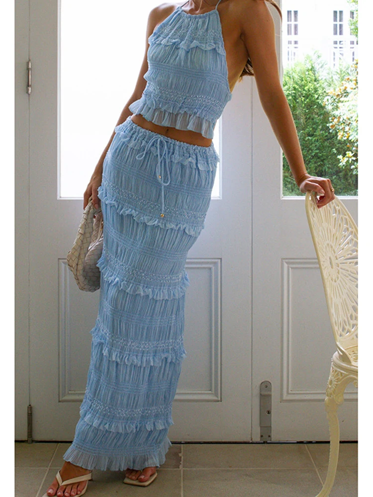 2 pçs conjunto halter pescoço sem costas colheita superior saia longa para mulheres estilingue topo rendas até dobrar maxi saias senhora praia férias roupas de verão
