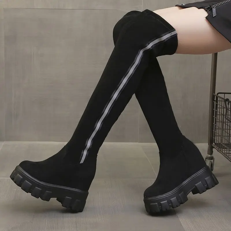 بسط المرأة فوق الركبة الجلد المدبوغ متسابق الأحذية السوداء إسفين نعل سميك الارتفاع الداخلي زيادة تنوعا التخسيس التصميم الكوري #4