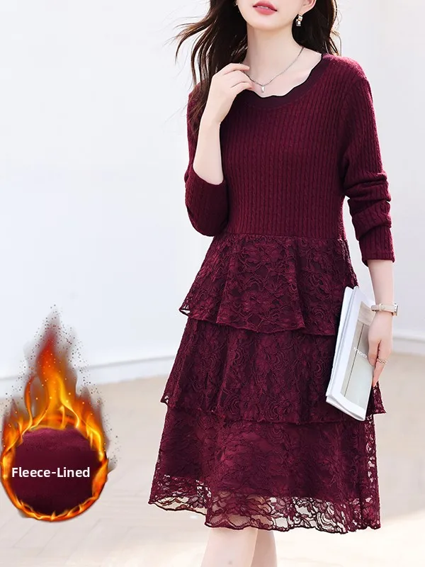 冬の新作プラスサイズニットレーススプライシングスリムケーキドレス女性用ハイウエストカジュアルスリーブ丸首ドレス